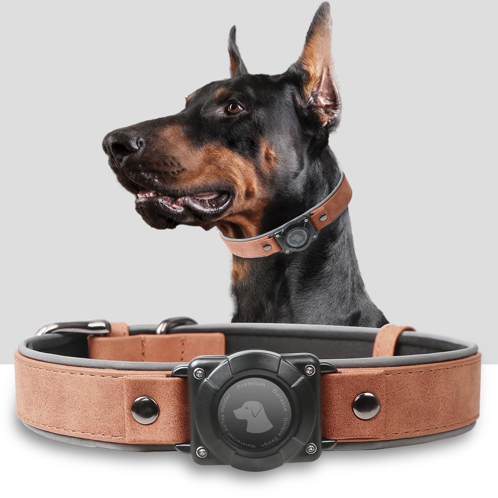 Halsband Hund Leder mit Air Tag Halter, Airtag Hundehalsband IPX8 Wasserdicht, Handgefertigt, Weich und Bequem, Reflektierend, Verstellbare Polsterung, Geeignet für Mittlere Große Hunde (Braun, XL)