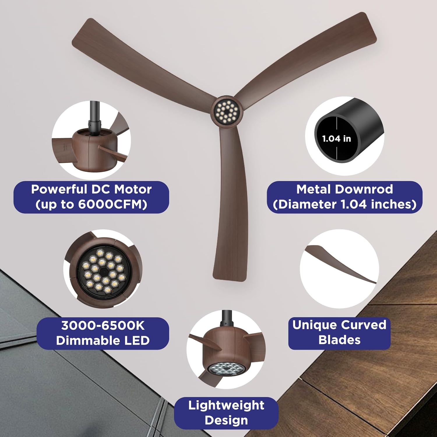 ocioc Ceiling Fans with Lights and Remote, 52 Inch Modern Ceiling Fan with Quiet Reversible DC Motor,Dimmable LED,6 Speeds,Timer, Ceiling Fan for Bedroom,Dining Room(Dark Walnut Finish)