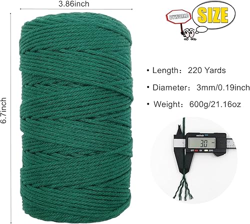 Miniatura 2 de BYWORLD - Cuerda de macramé de 0.118 in, cuerda de algodón de 220 yardas (656.2 ft), cuerda de macramé de color 100% algodón natural para kit de