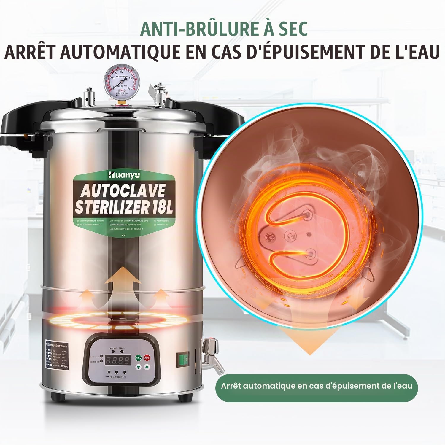 Huanyu Autoclave 18L Autoclave automatique à vapeur Autoclave électrique de laboratoire à contrôle intelligent Température et temps réglables Stérilisateur à vapeur à haute pression