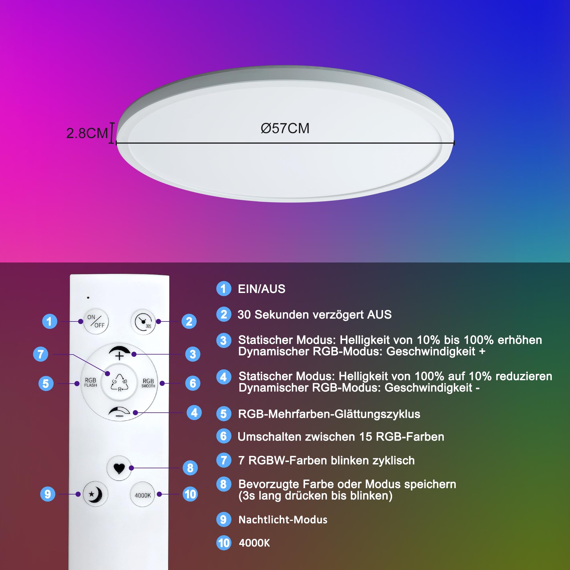 ONDTA LED Deckenleuchte Dimmbar LED Panel Ø57cm, 45W RGB Neutralweiß 4000K Deckenlampe mit Fernbedienung, IP44 Rund Küchenlampe Badezimmer lampe für Wohnzimmer Schlafzimmer Spielzimmer Kinderzimmer