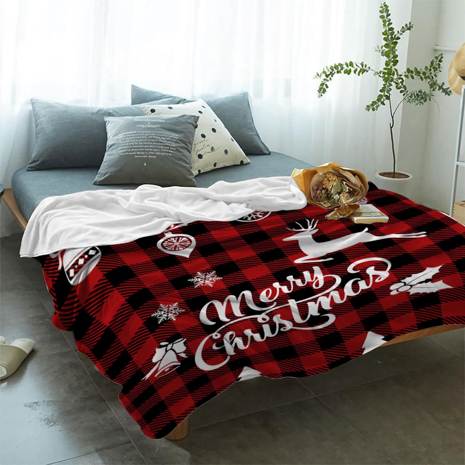 YeeJu Christmas Throw Blanket King Size Red Plaid for Bed Couch - Soft Cozy Lightweight Fuzzy Plush Fleece - Large Oversized Decorative Xmas Winter Holiday Throw 90x108