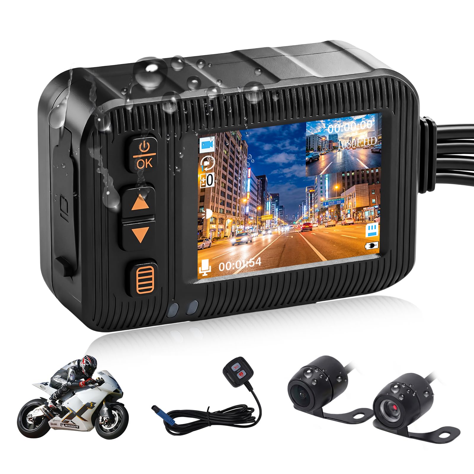 Moto 2-Pollici con Doppia Dash Cam, Videocamera Impermeabile per MOTO con Riprese Anteriori e Posteriori, con Visione Notturna, Sensore G, Doppia Lente, Registrazione in Loop, Dashcam DVR