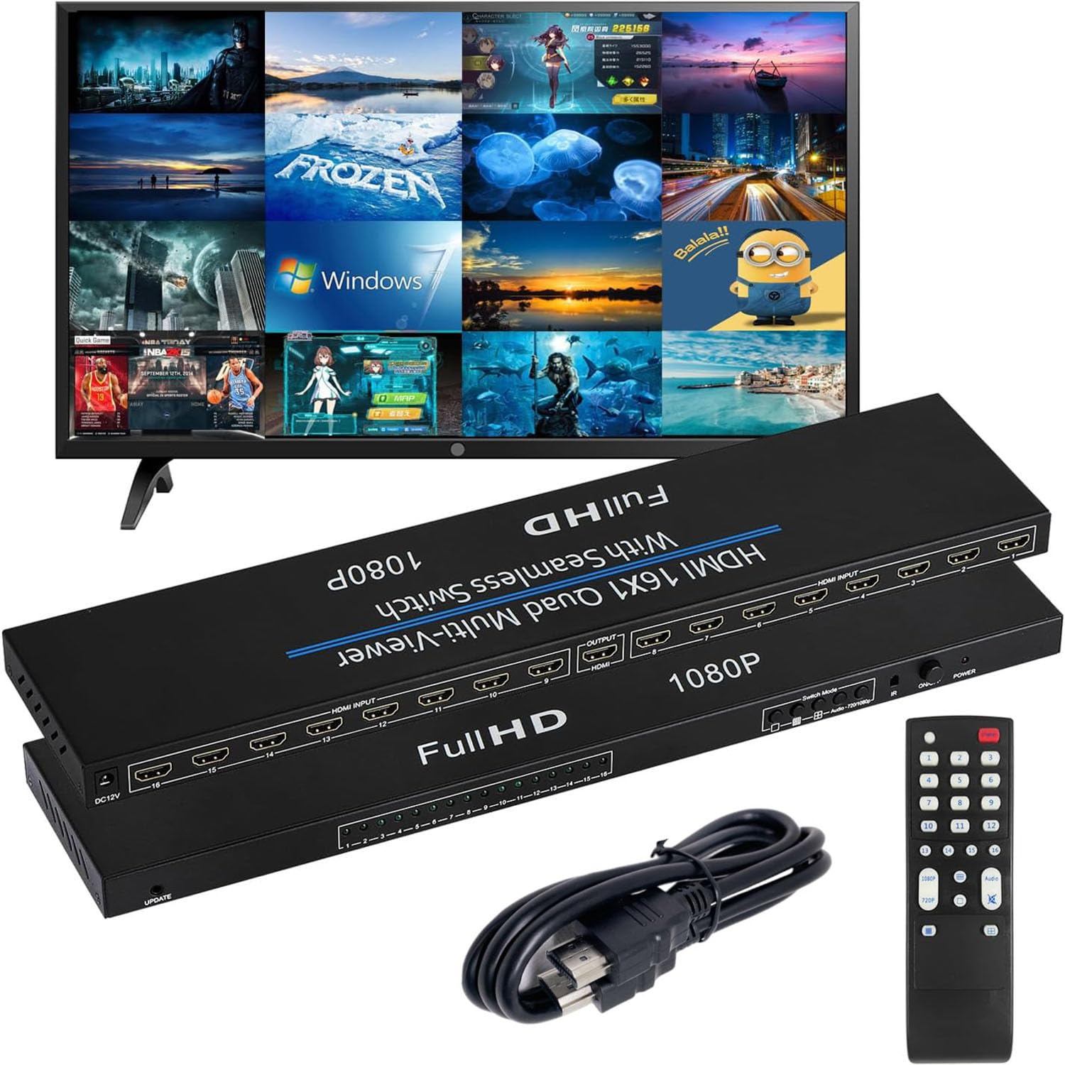 HDMI Quad MultiViewer 16 x 1, commutateur sans couture 16 en 1 sortie avec télécommande infrarouge, prend en charge 1080p et 8 modes de visualisation