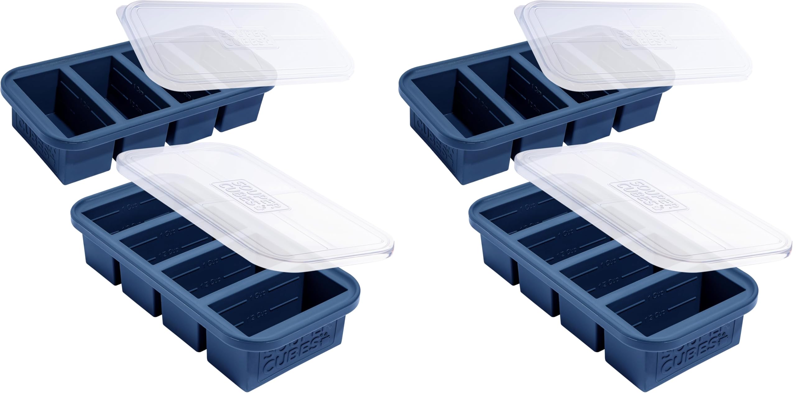 Souper Cubes 1 Cup Silicone Freezer Molds with Lids - Soup Cubes Freezer Tray with Lid - Perfect for Freezing Broth, Rice, Individual Portions, Meal Prepping and More - Blueberry - 4-Pack