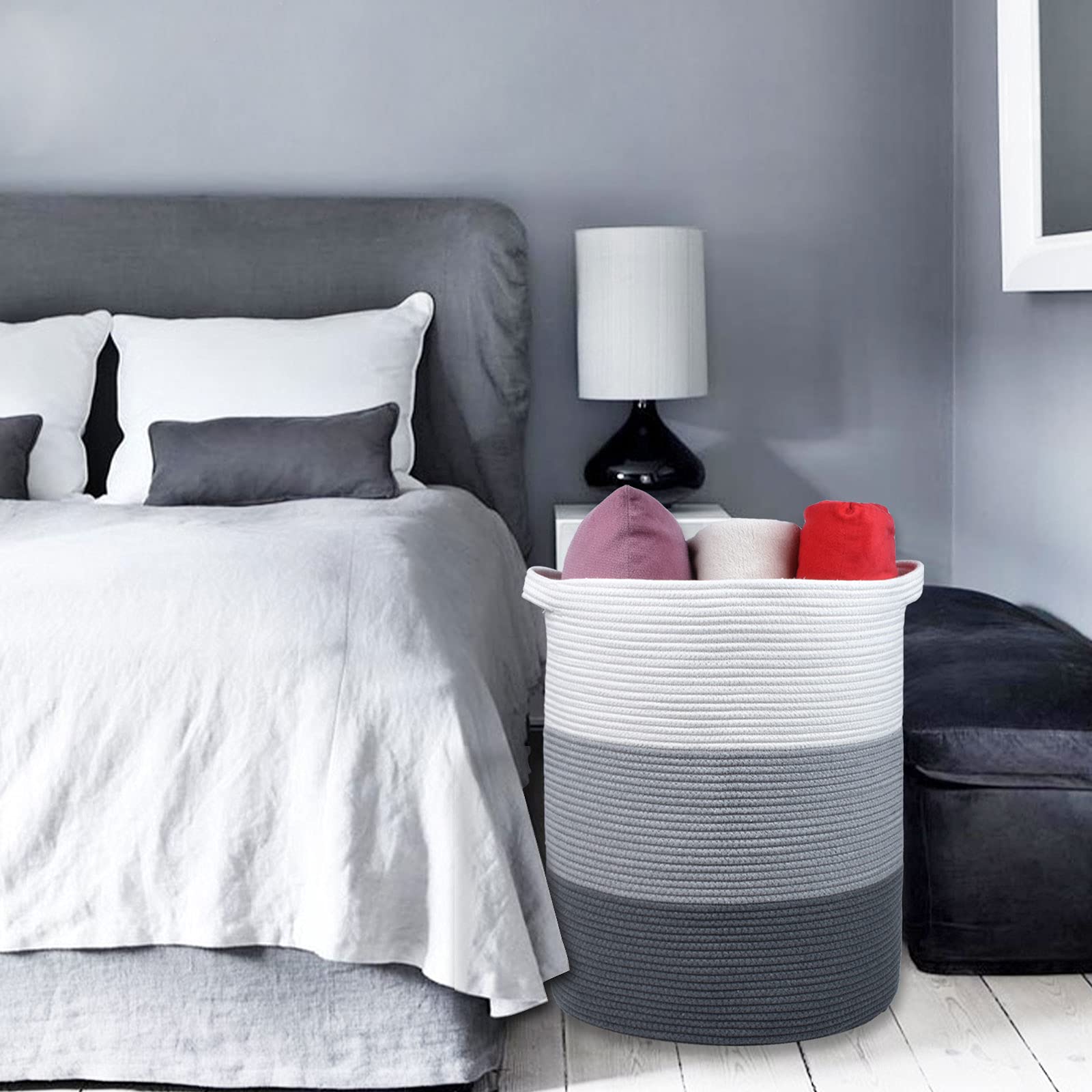 Grande cesto portabiancheria per ragazze e ragazzi, 72 l, cesto portabiancheria alto, in corda di cotone, cesto per riporre giocattoli, vestiti e asciugamani, 40,6 x 55,9 cm, bianco e grigio