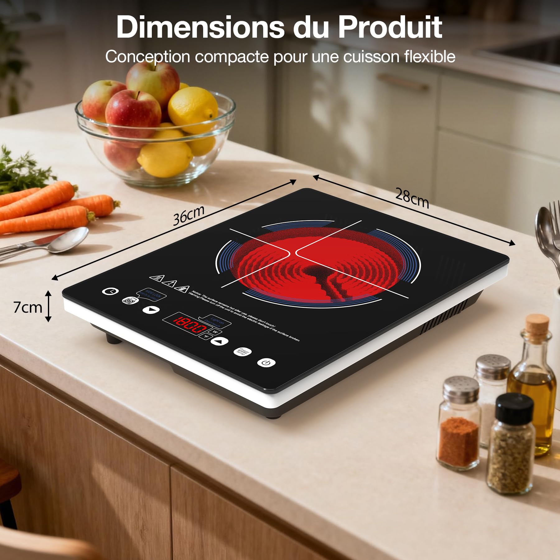 Plaque Vitrocéramique 1 Feu 2000W, Réchaud Électrique Portable avec Contrôle Tactile, 10 Niveaux, Compatible avec Toutes Casseroles, Plaque de Cuisson pour Camping-Car, Studio et Voyage