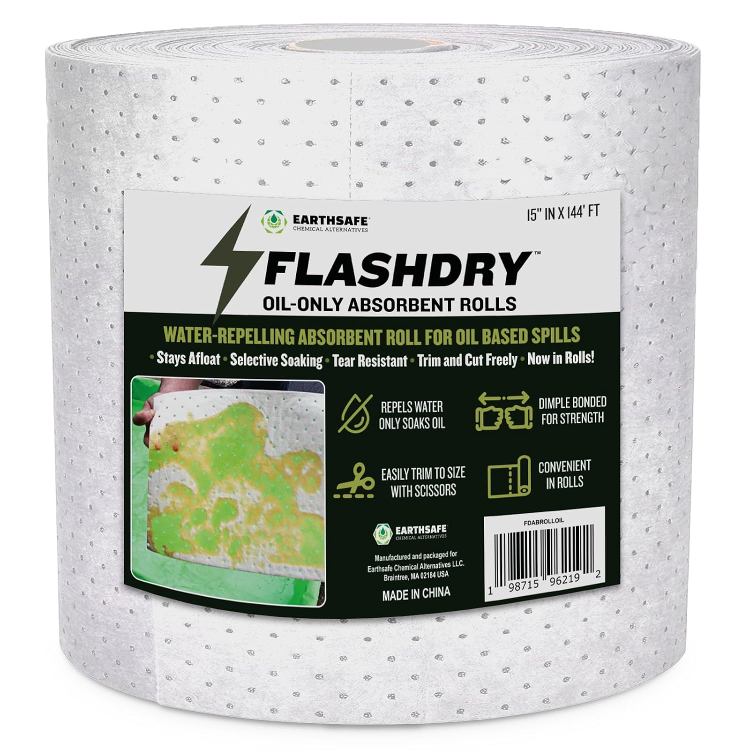 FlashDry Oil Absorbent Roll 15" x 144 ft - Water-Repellent, Tear-Resistant Mats for Oil Spills in Garage, Driveway, Marine, Automotive