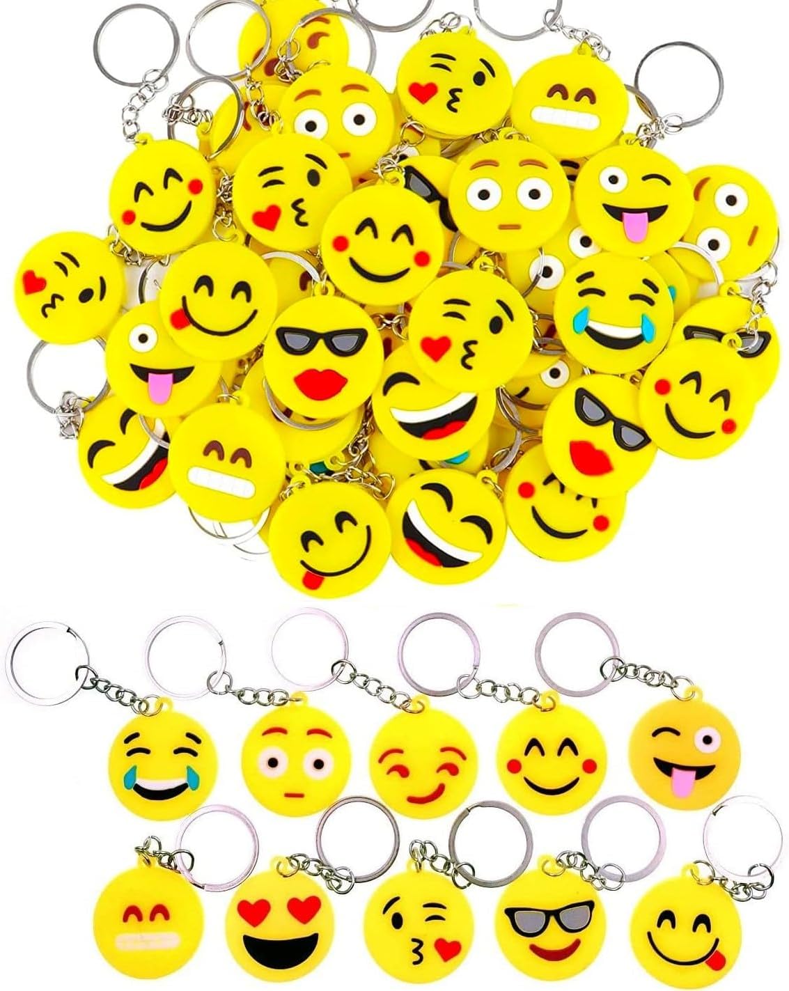 LATERN 100Pcs Emoji Keyrings, 10 Pattern Emoji Mini Key Chain Emoticon Keyring Decoration for Children Birthday Party Favours Party Bag Fillers (3.5cm x 8.5cm)