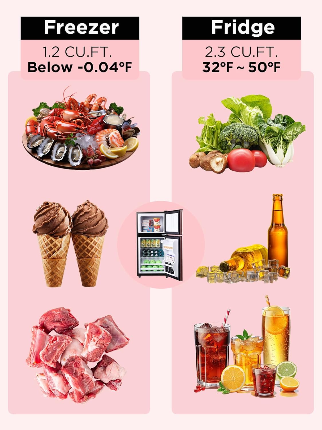 F.W.WOOLWORTHS 3.5 Cu.Ft Fridge with Freezer, Refrigerator with 2 Doors for Office, Kitchen, Dorm and Bedroom, Fridge with 7 Level Temp Adjustable Thermostat, Wood