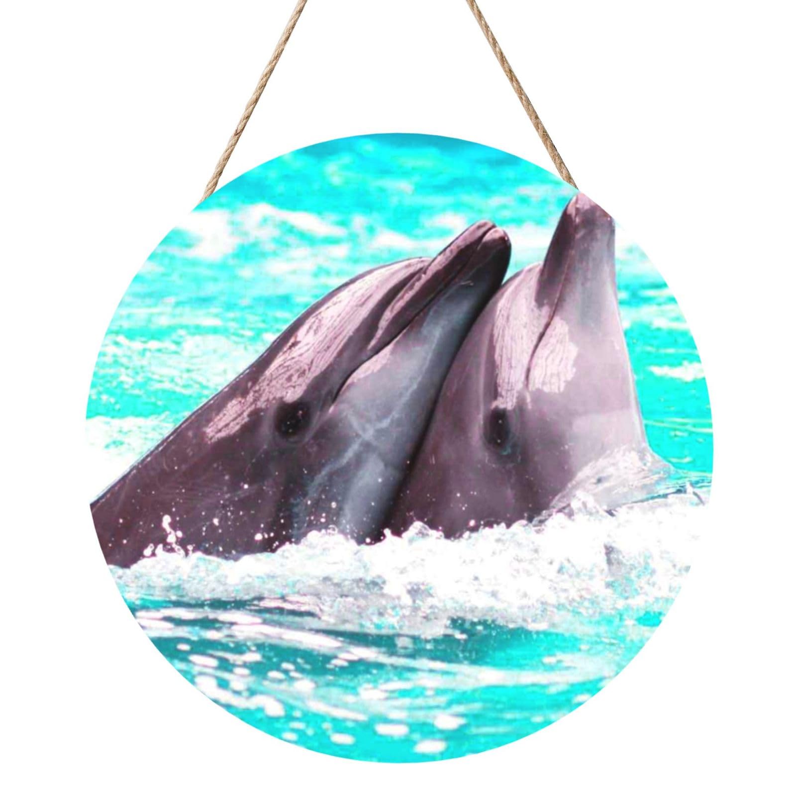 InOmak Dolphin Printed, Round Wood Panel Painting 12 in, Wall Hanging Painting For Home