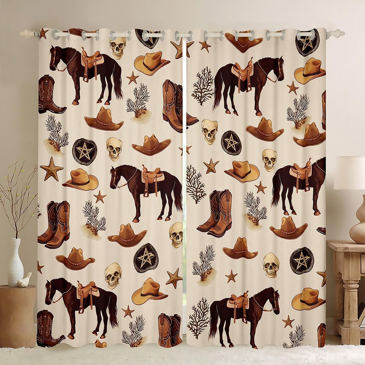 Castle Fairy Southwest Style Window Curtains Cowboy Hat Boots Darkening Blackout Curtains Farmhouse Horse Animal Window Treatments Gothic Sugar Skull Grommet Top 2 Panel Set Drapes,38Wx45L