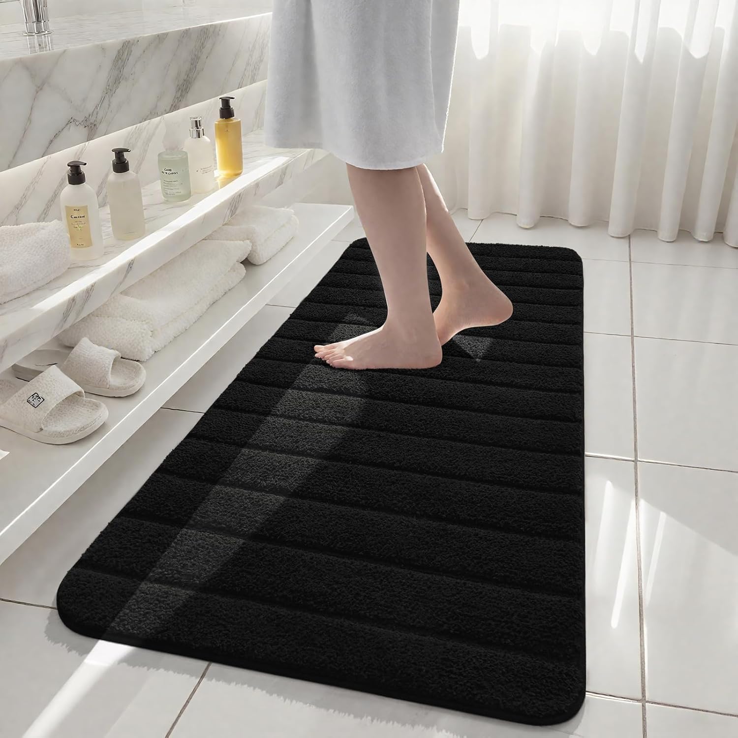 AROGAN Luxury Long Bathroom Runner Rugs, Thick Soft and Absorbent Microfiber Non Slip Bath Mat, Rubber Backing Striped Rug Carpets, Machine Washable Plush Mats for Bathroom Floor, 24x60 Inch Black - Image 2