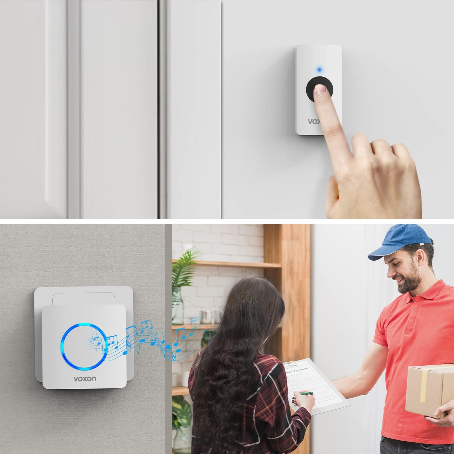 Two-panel image showing a hand pressing the doorbell transmitter button and the receiver chiming indoors, indicating a visitor's arrival.