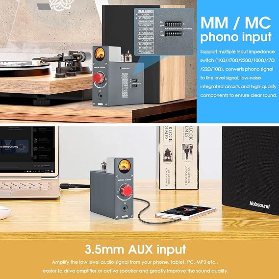 Douk Audio T4 PLUS HiFi JAN5654 Valve Tube Preamp MM/MC Phono Pre-Amplifier for Turntable Mini Stereo Preamp Headphone Amp w/VU Meter (Phono-Preamp)
