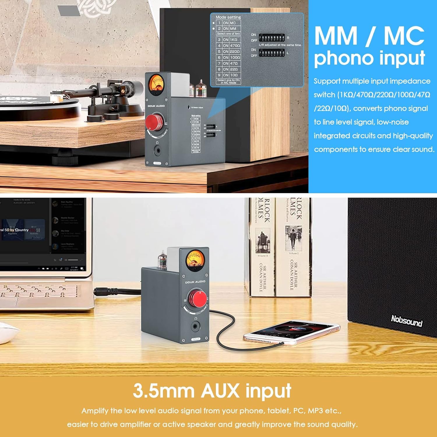 Douk Audio Röhren-Phono-Vorverstärker: HiFi MM/MC Plattenspieler-Vorverstärker | Kopfhörerverstärker mit AUX-Eingang | VU-Meter für Plattenspieler, Vinyl-Systeme und Audiophile (T4 Plus)