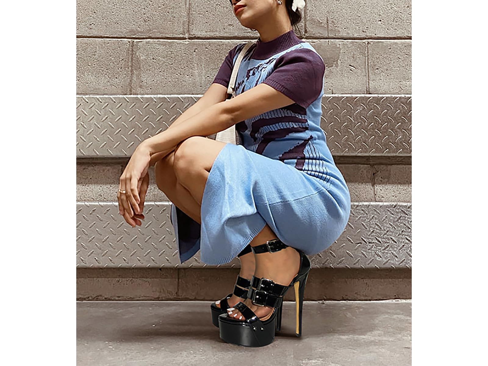 VERISSON Women's Open Toe High Heels Sandals Triple Cross Bands Buckle Strap Platform Ankle Sandals Party Dress Two-piece Sandals: 10 Black