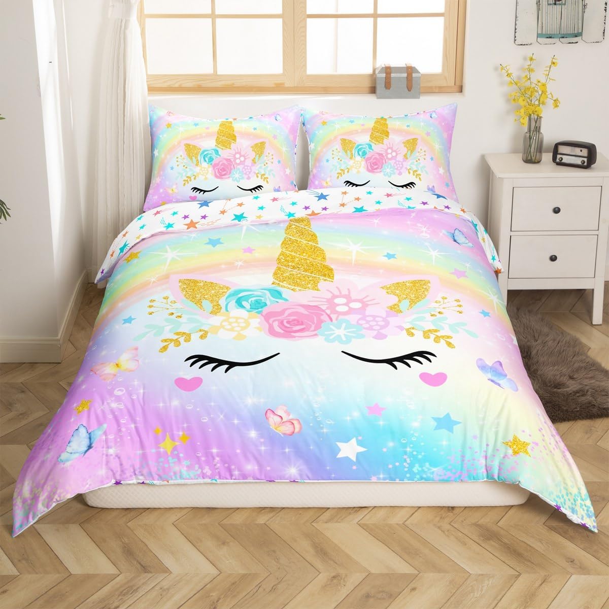 Erosebridal Unicorn Kids Bedding Sets Toddler 2 Pcs, Rainbow Unicorn Duvet Cover for Girls Princess Bedroom Decor Comforter Cover, Cute Cartoon Animal Bedspread Cover Purple Gradient Beddings