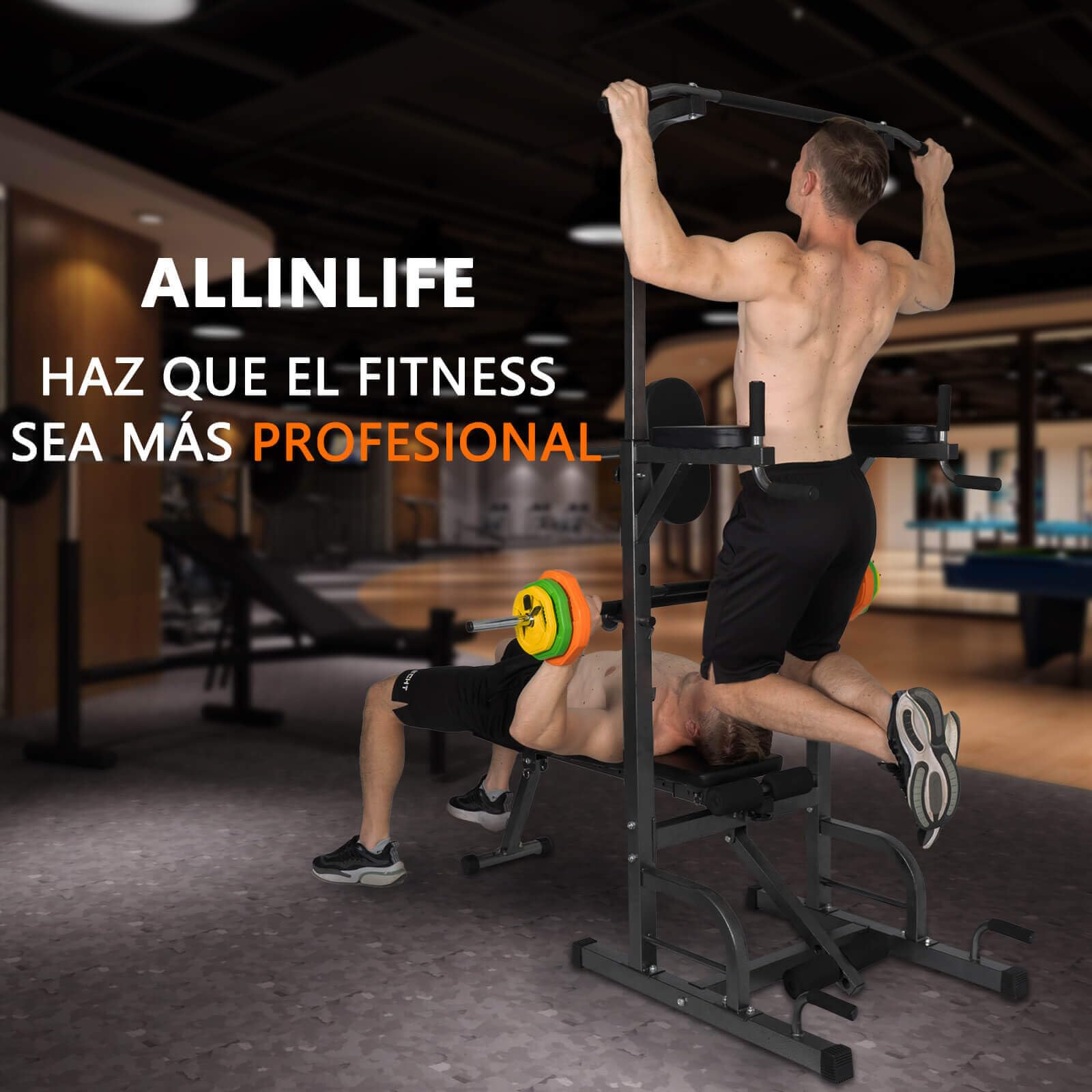 ALLINLIFE Estación de Musculación,Maquina Dominadas Multifuncional,Estación de Dominadas con Banco de musculación Plegable,Máquina de Musculación con Barra de Flexiones y Dips para Gimnasio en Casa