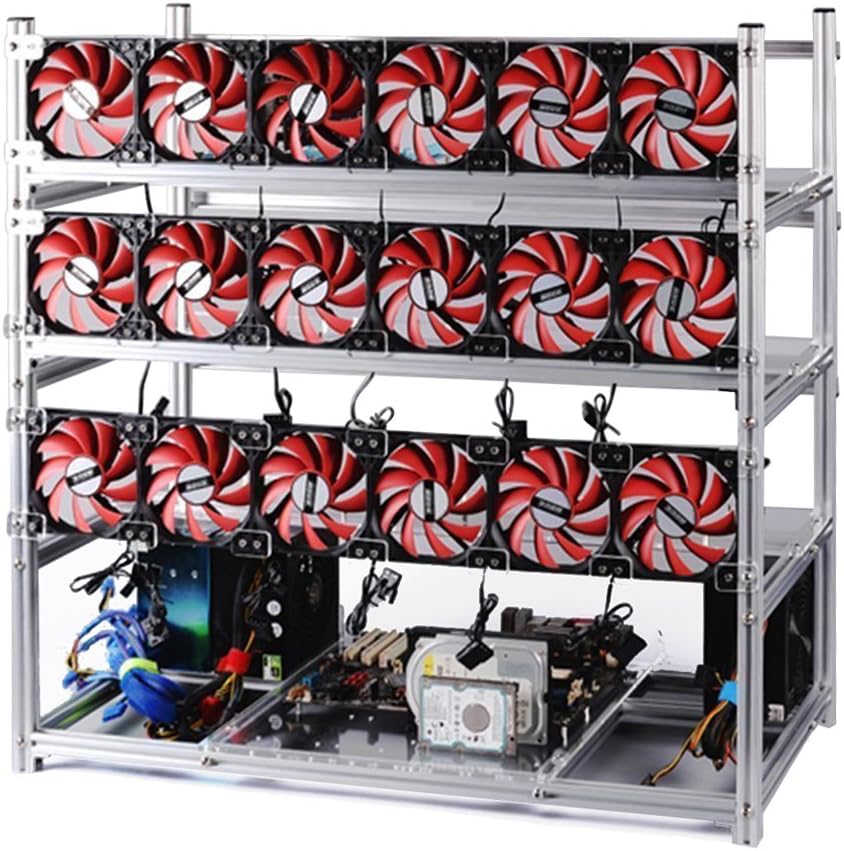 YOISNER19 GPU Open Air Mining Rig Aluminum Stackable Frame Case Cryptocurrency Miners With 18 Fans For ETH/ETC/ ZCash Ethereum,Bitcoin,and Altcoins (Silver-Red)