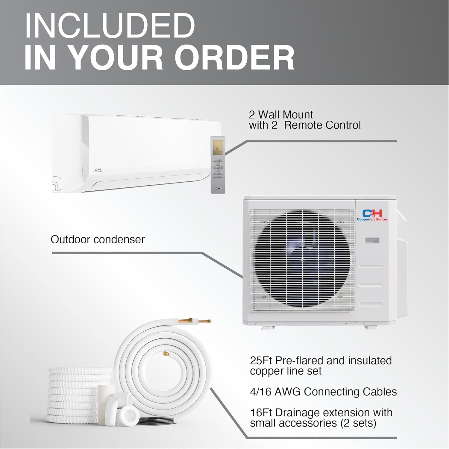 Cooper & Hunter 18,000 BTU 2-Zone Ductless Mini Split AC & Heat Pump - 6K+12K BTU Wall Mounts - 25 SEER2 Inverter System - Smart Kits & 25FT Installation Kits Included - Cooling & Heating