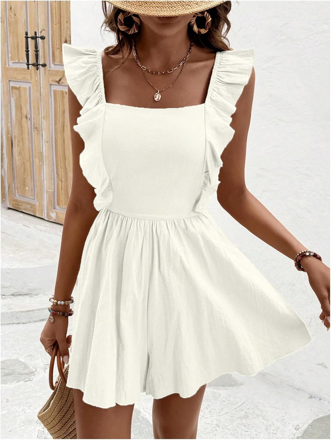 SweatyRocks Women's Bow Tie Back Ruffle Sleeveless Wide Leg Rompers Summer Vacation Short Jumpsuit - Image 2