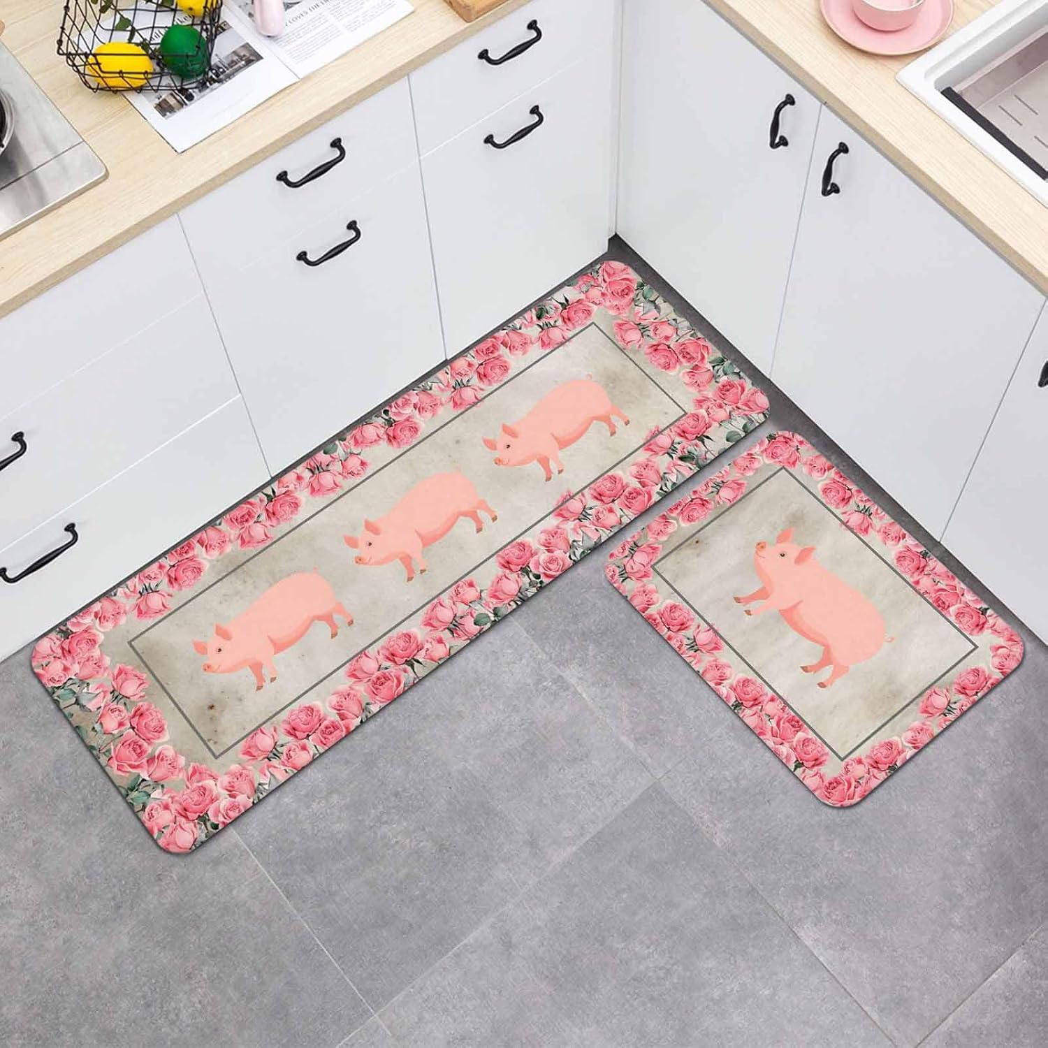 Farmhouse Pig Kitchen Mat Set 2 Pieces Pink Rose Wreath Rustic Country Beige Marble Texture Non Slip Kitchen Rugs Washable Runner Rug Mats for Floor Sink Laundry Office 19.7" x 31.5"+19.7" x 47.2"