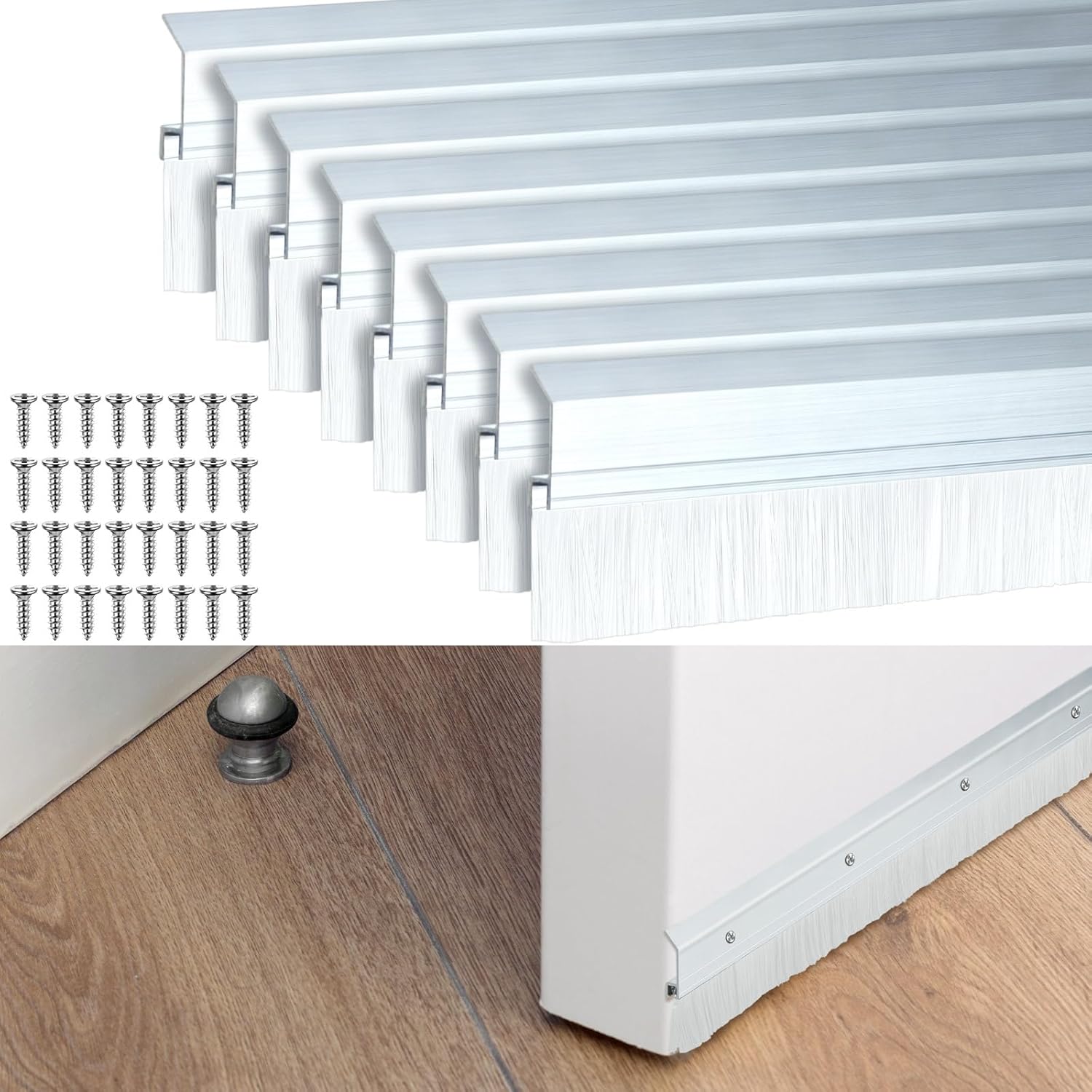 Hushee 4 Pcs 2x36 Inches Brush Door Sweep for Exterior, Aluminum Commercial Door Sweep Bottom All-Season Alloy Brush for Exterior and Interior Sealing Gaps Keeps Out Cold Air, Dust (Silver and Black)