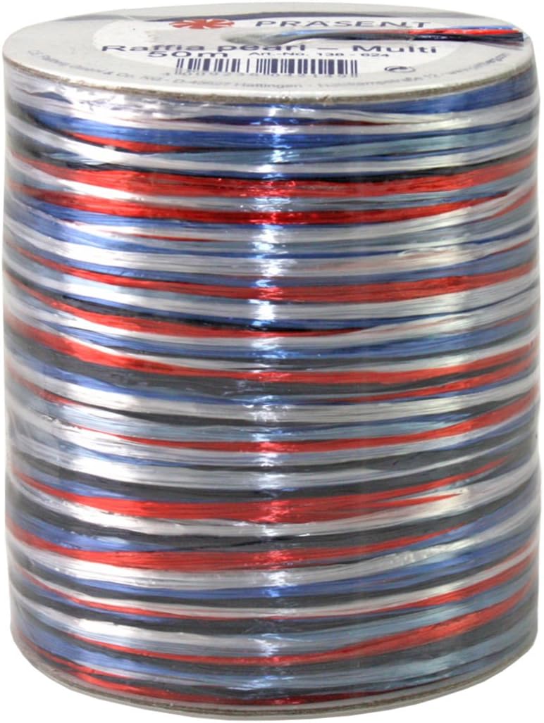 Prasent 50 m Rayon Raffia Bast Ribbon, Red/Multi-Colour