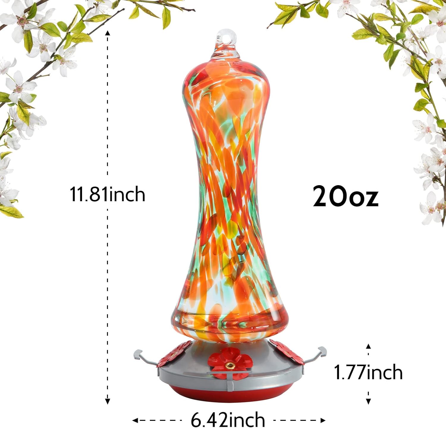 Glass Hummingbird Feeder for Outdoors: Orange Window Hanging Hummingbirds Presents for Women - Ant Moat Included, Metal Base with 4 Feeding Ports & Perch, Leak Proof, 38 fl.oz, Best Garden Decor