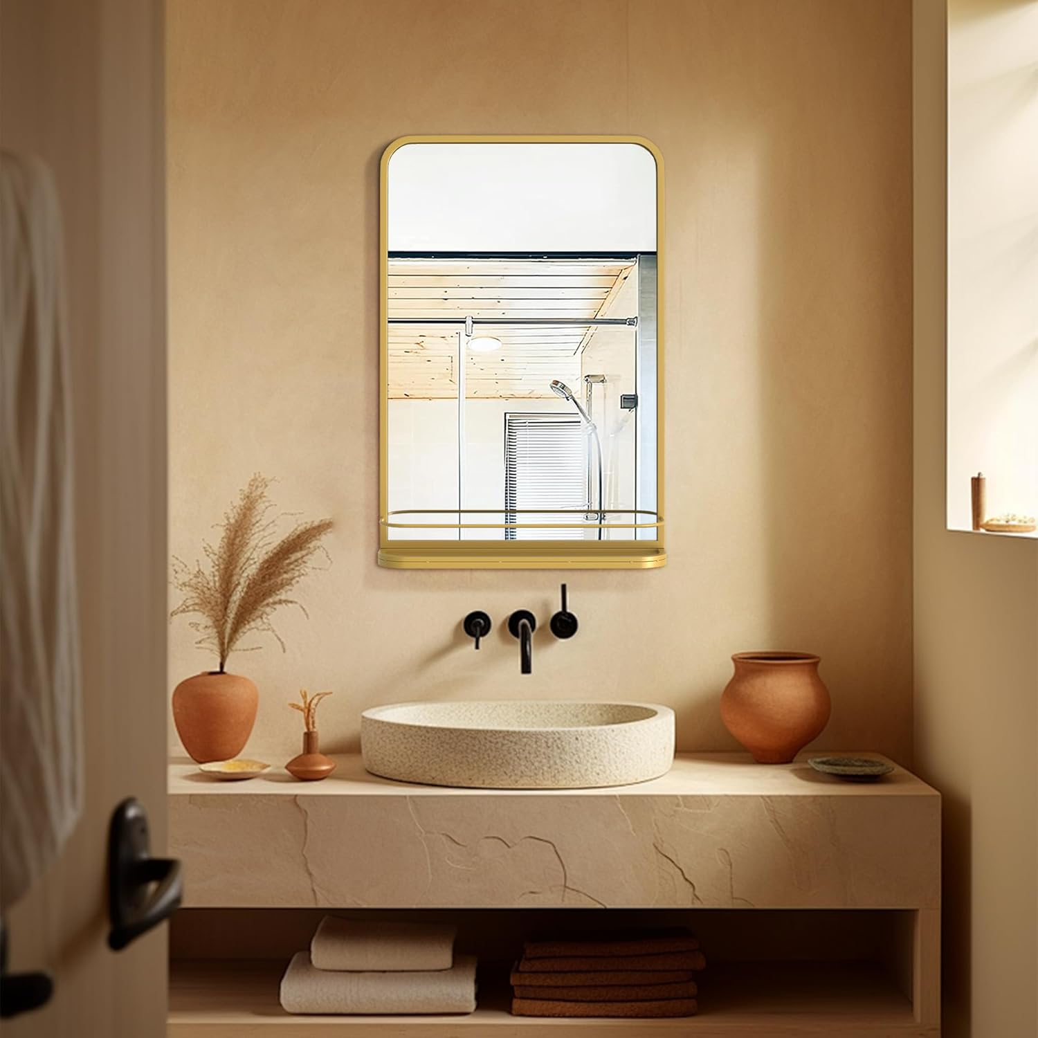 Bathroom Mirror with Shelf for Shaving, 15.7x23.6 Inch Wall-Mounted Rectangle Metal Mirror with Storage, Matte Black Vanity Mirror with Rounded Corners for Over Sink, Decor(Gold/15.7x23.6 in)