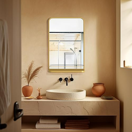 Miniatura 7 de Espejo de baño con estante para afeitar, 15.7 x 23.6 pulgadas, espejo rectangular de metal con almacenamiento, espejo de tocador negro mate con