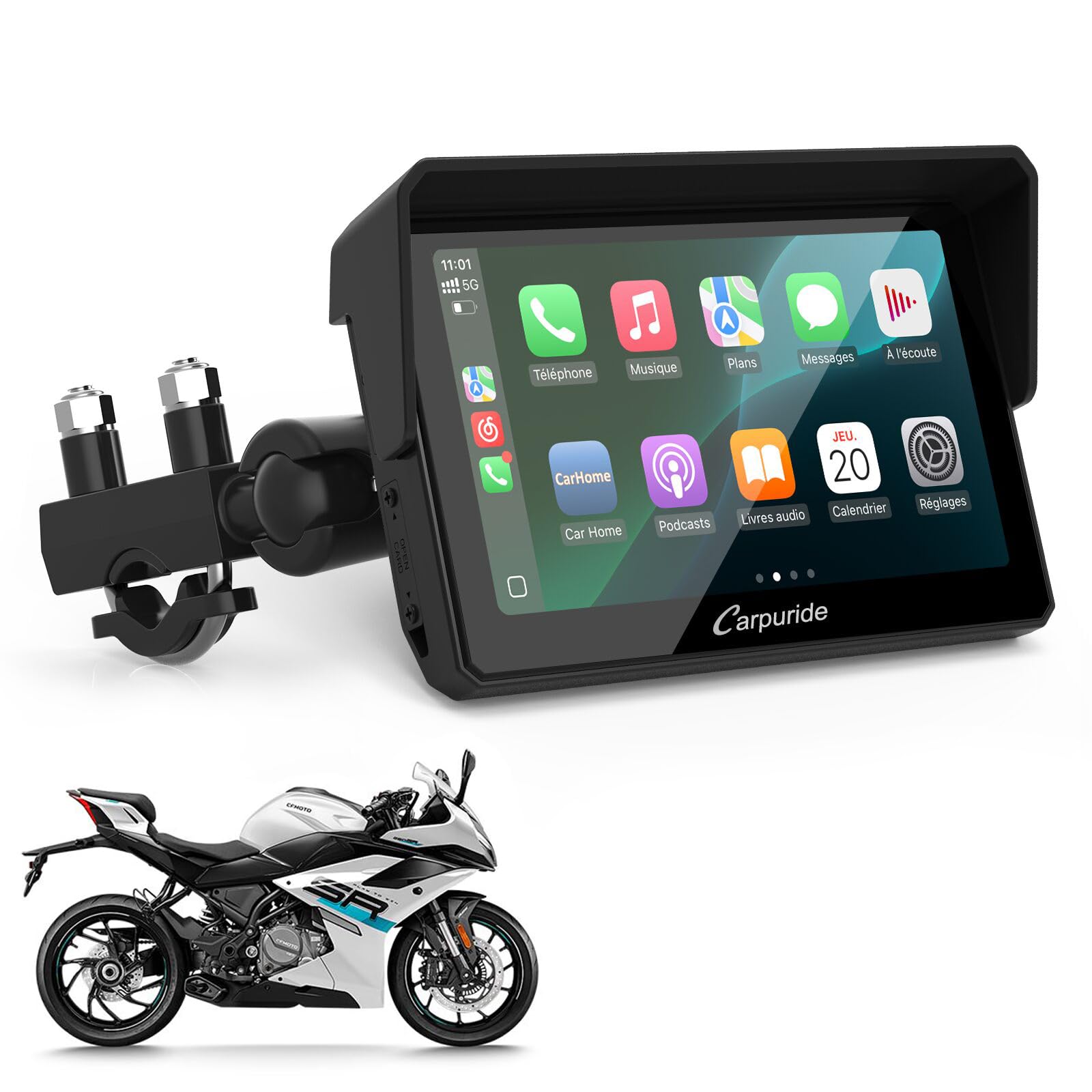 Carpuride W502 Écran Moto 5" GPS avec CarPlay sans Fil & Android Auto - Écran Tactile IPS Étanche IP67, Double Bluetooth, Navigation GPS, Siri,Béquille Moto réglable en Forme de U