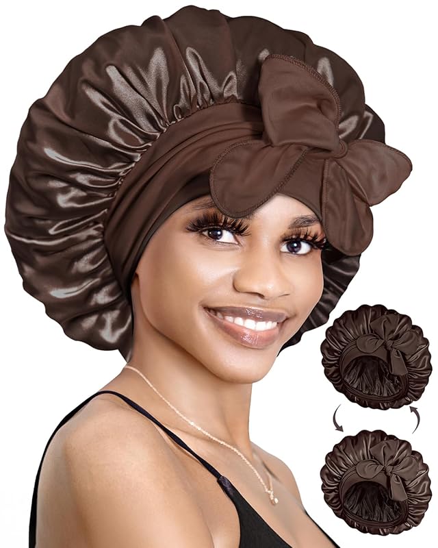 Touca de cetim dupla camada BONNET QUEEN com amarração, marrom