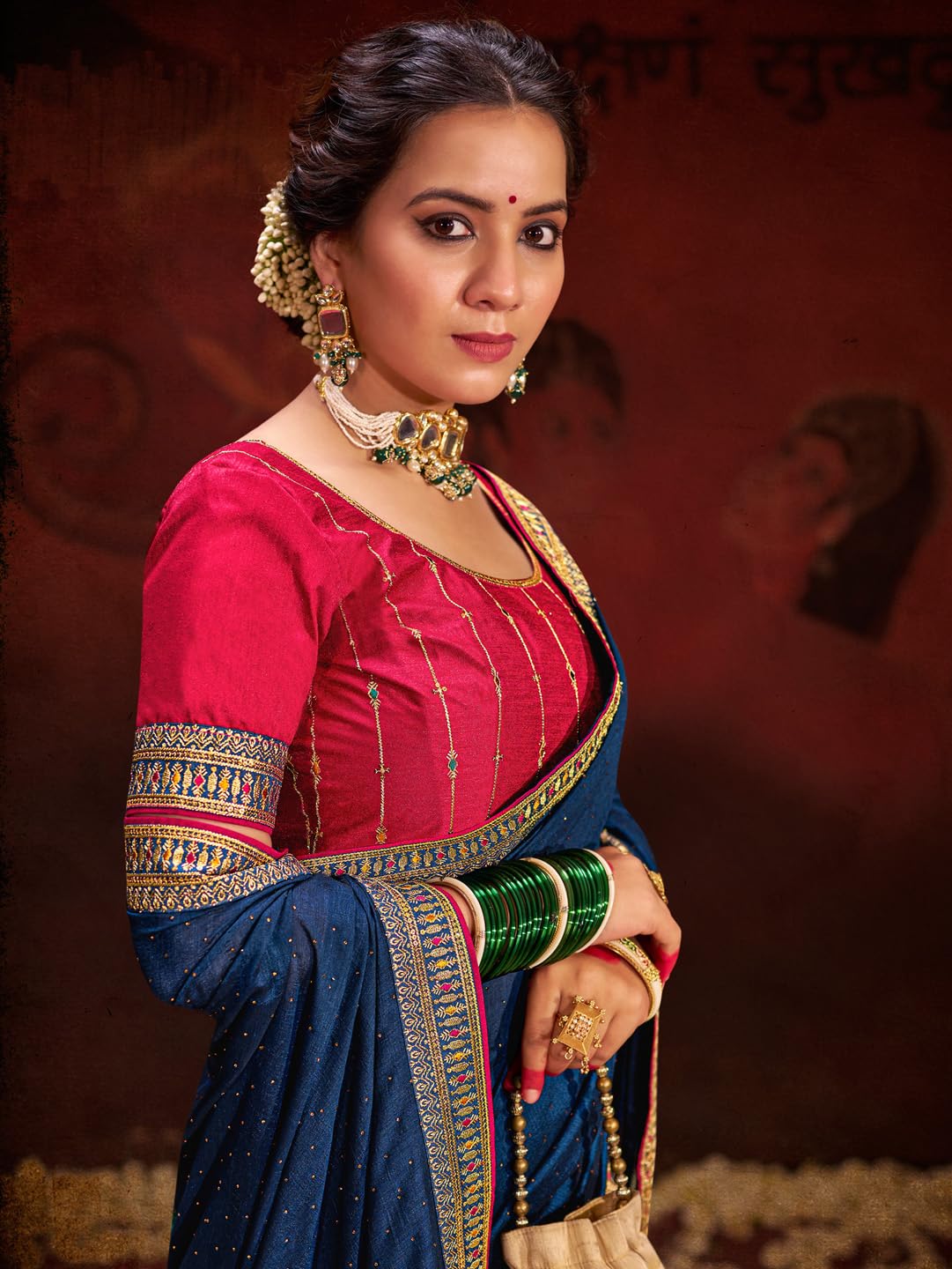 SAREE MALL Women's Navy Blue Vichitra Silk Embroidered Saree with Unstitched Blouse Piece(AYUSHI4005_SUM) 1