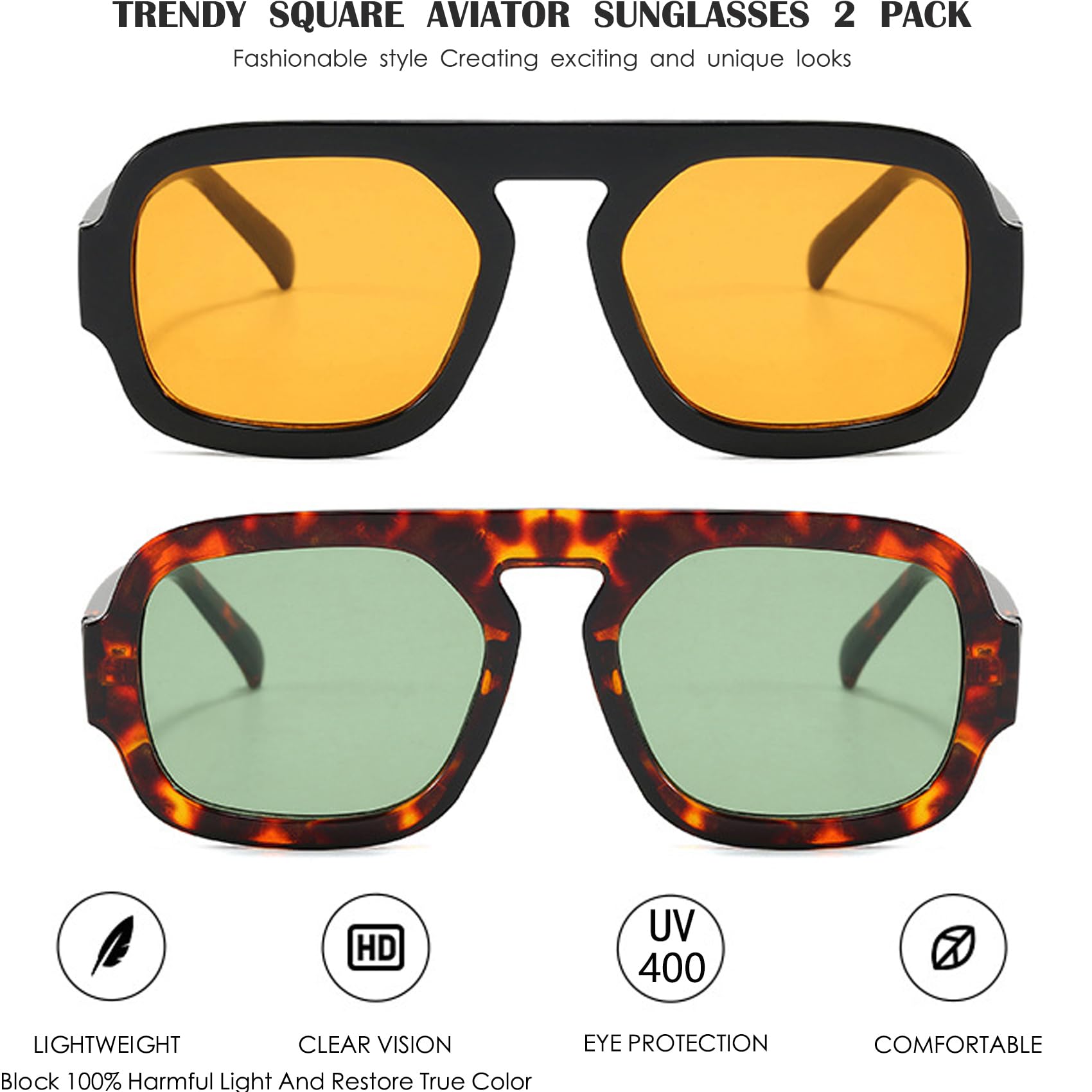 Gafas de sol de aviador cuadradas de moda para mujer, diseño con marco elegante, gafas de sol vintage, Paquete de 2 Negro/Naranja+Tortuga/Verde 2