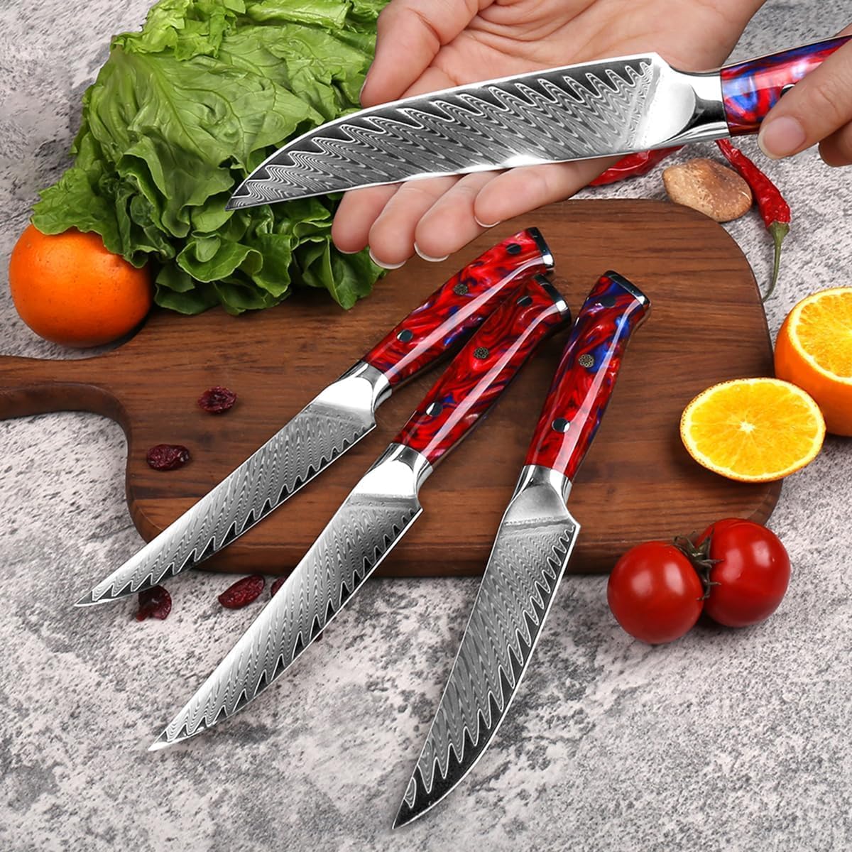 Steak Knives Set Of 12,5 Inch Plain Damascus Kitchen Steak Knife Set,Forged German Stainless Steel Green Resin Handle Straight Edge Dinner Knives,Razor-Sharp,Red Resin Handles