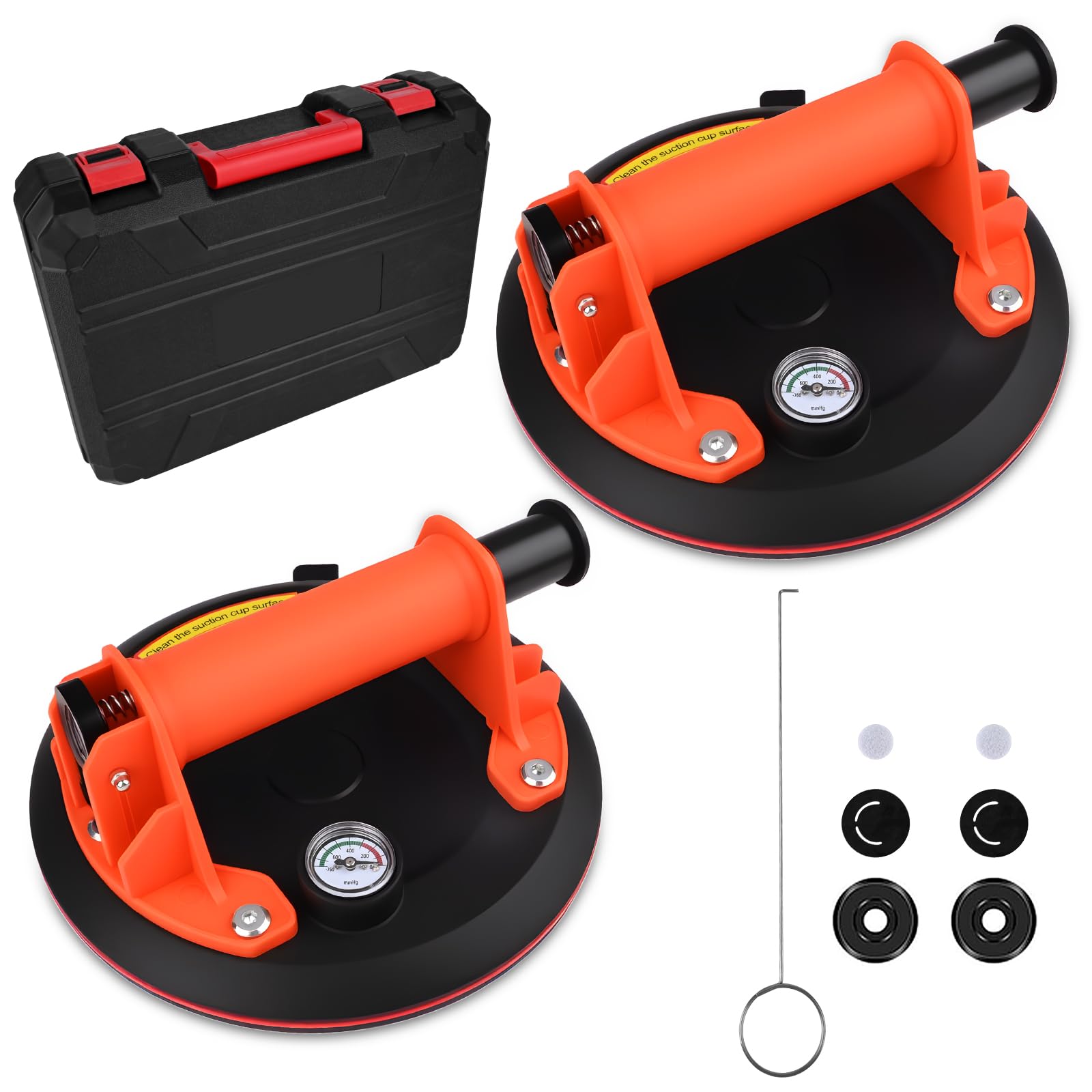 GuKKK Ventosas para Cristal con Manómetro, 2 Ventosas para Azulejos de 8 ", Elevador de Qzulejos Vacío, Capacidad de Carga Máxima de 200 kg, Ideal para Levantar Cristales, Mármol y Cerámica