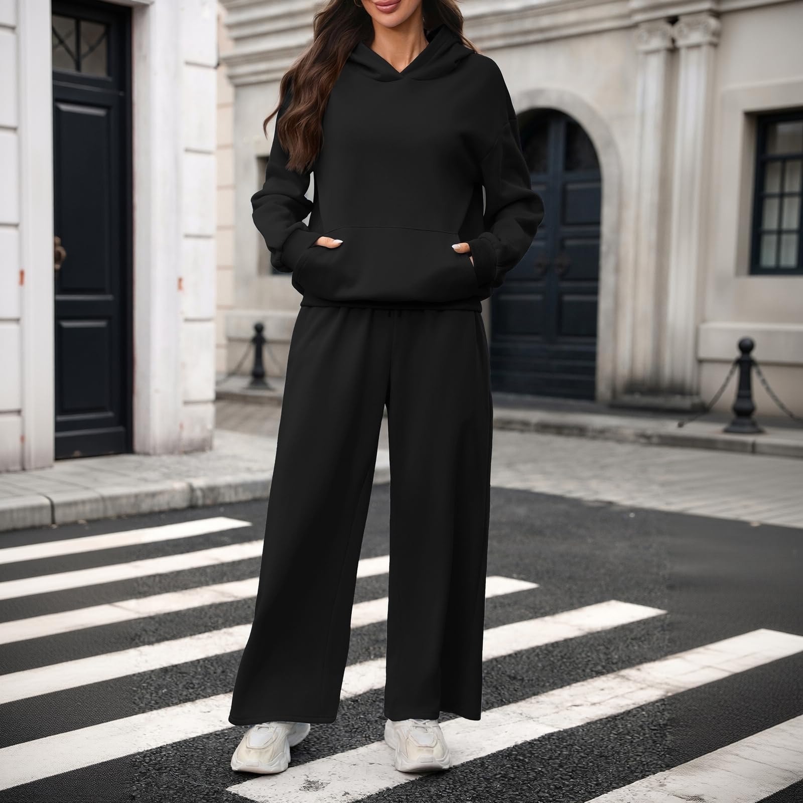 Jogginganzug Damen Langarm Kapuze Taschen Bündchen Hausanzug Weite Hose Elastischer Bund Kordelzug Trainingsanzug Zweiteiler Set Trainingsanzug Damen Locker Bequem Weich Bündchen Langarm