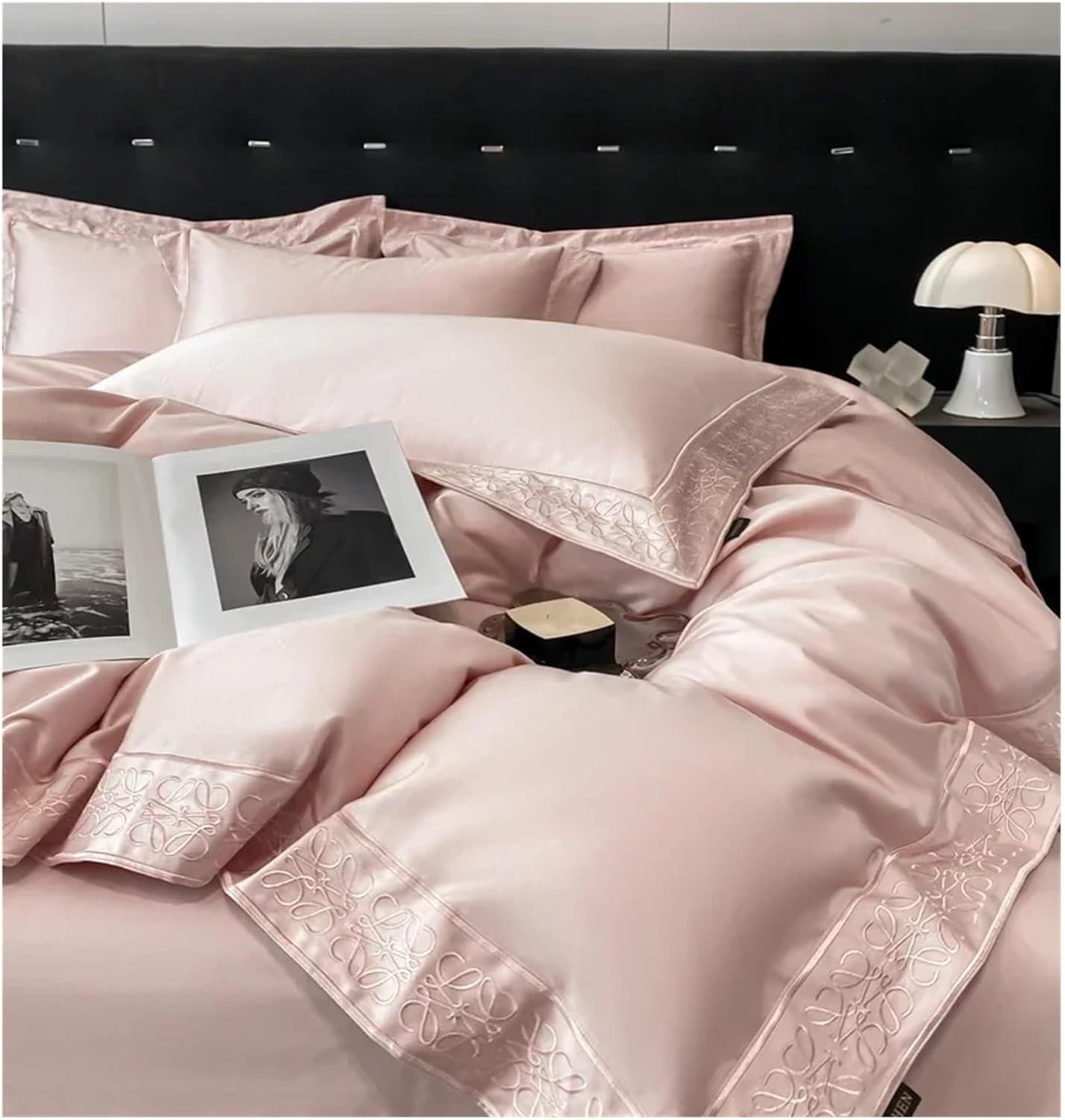 Egyptian Cotton Luxury Embroidery Style Bedding Set Simple Solid Color Duvet Cover Bed Sheet Pillowcase,Bed