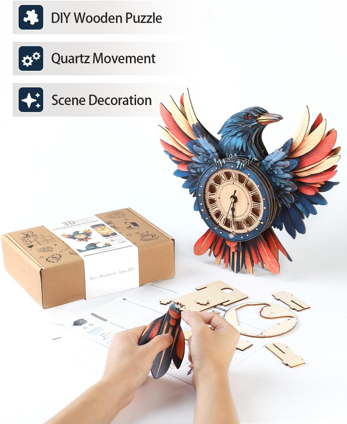3D Wooden Puzzles for Adults,Raven Clock Model Kit with Pendulum,3D Wooden Puzzles Home Room Decor,Christmas Hobbies Crafts Gift Idea for Women Men Teens