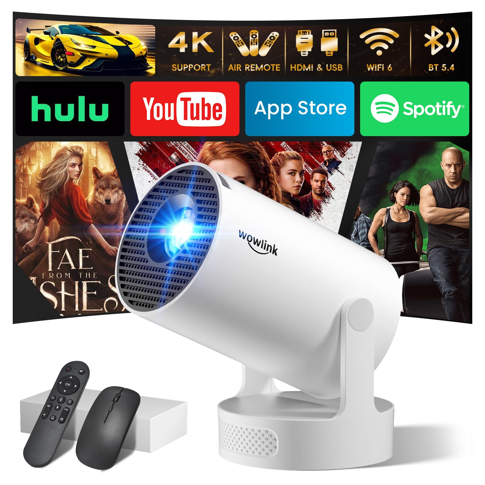 Mini Beamer 4K Unterstützt mit WiFi 6 BT5.4 integrierten Apps Android 14 TV | Projektor‌ mit Auto Horizontaler Trapezkorrektur, Stereo Lautsprecher mit Smart Air-Mouse-Fernbedienung, Beige