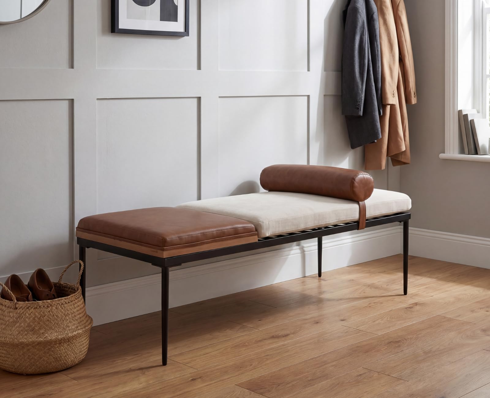 Ya-Home Panca Ingresso con Vassoio in Legno e Gambe in Metallo, Panca Camera da Letto in Pelle e Tessuto di Ciniglia 140x55x47 cm, Bianco