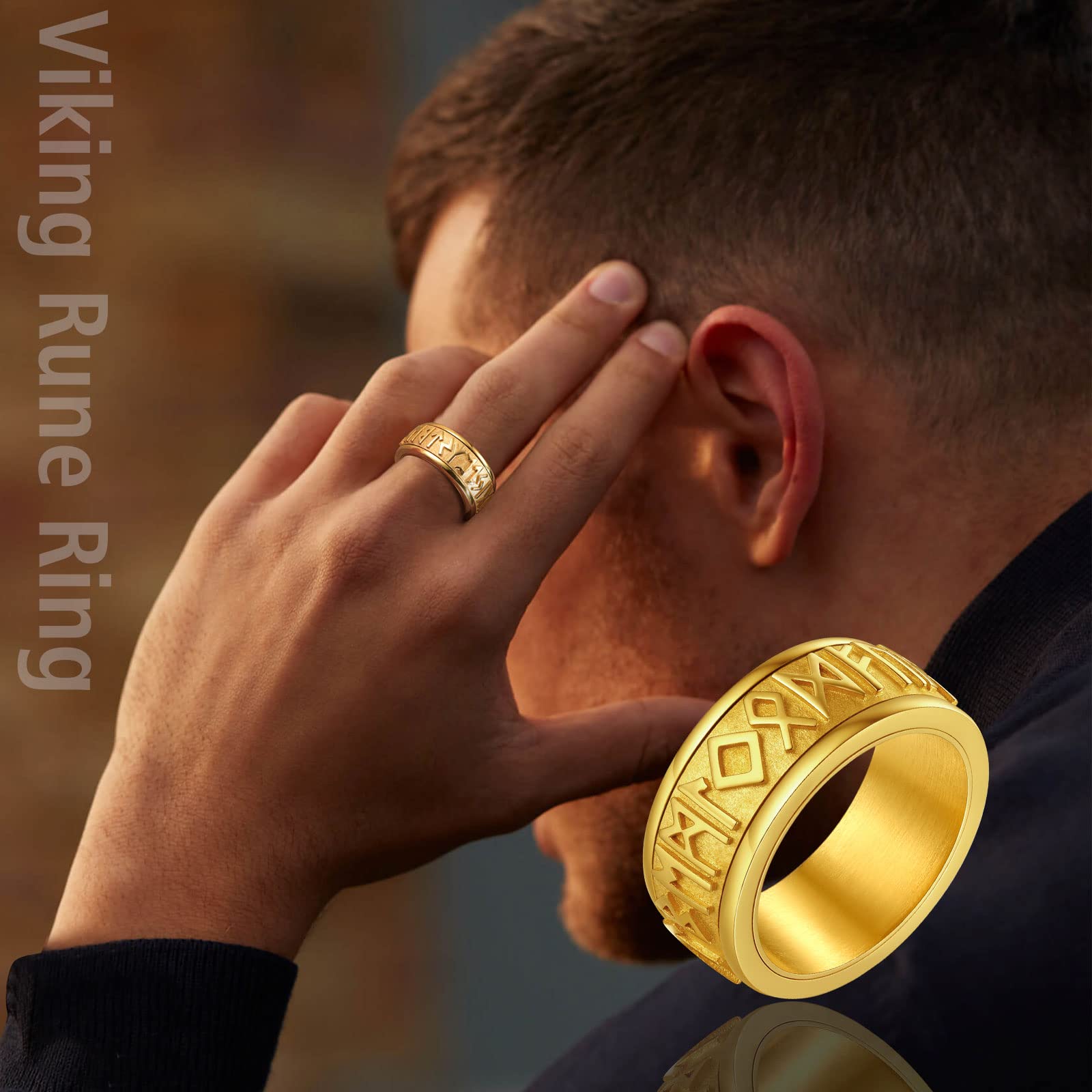 FindChic Anillos Hombre Antiestrés Spinner de Acero Inoxidable Runas Vikingas Letras Nórdicas Anillo Anti Estrés Color Plata/Dorad/Negro Talla 14.5-32.5 Regalos para Hombre - 4