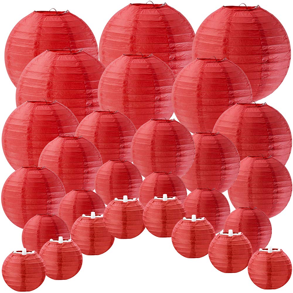 Supla28 Pcs 5 Sizes Chinese New Year Decorative Red Paper Lanterns Hanging Chinese Japanese Lanterns Round Party Lanterns for Spring Festival Holiday Season Decorations