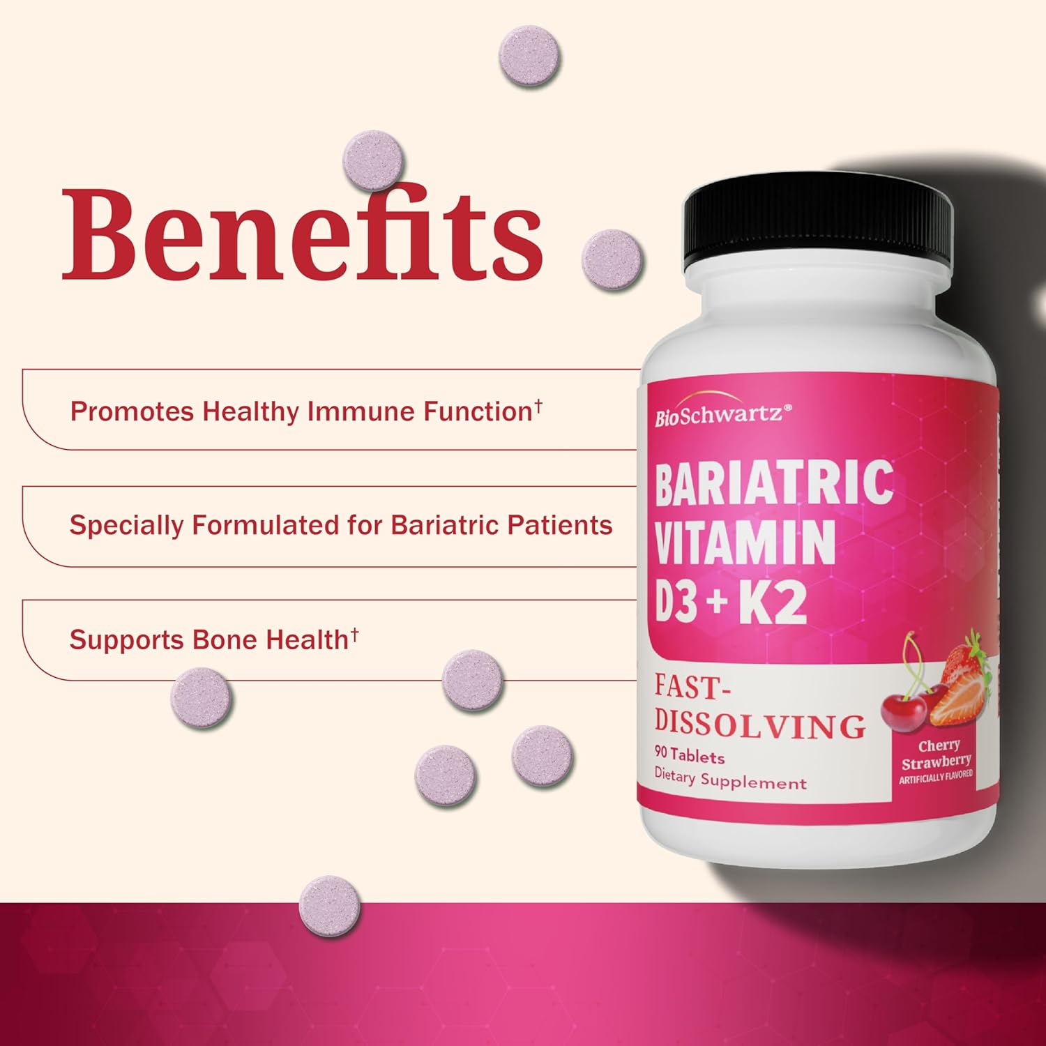 BioSchwartz Bariatric D3 K2 Dissolvable Tablets - 90 Cherry-Strawberry Tablets - Supports Bone Strength - Bariatric Vitamins for Women with Vitamin D3 5000 IU - Third Party Tested, 90 Servings - Image 4