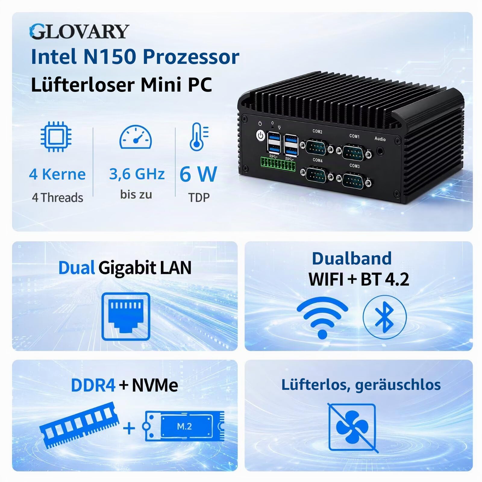 Mini PC Lüfterlos N150 (N100 Upgrade), DDR4 8GB RAM 128GB NVMe SSD, 2 Gigabit LAN Lüfterlos Industrie PC, Linux Fanless Desktop Computer, 4 x RS232 COM, 4USB3.0, 2USB2.0, Auto Power On