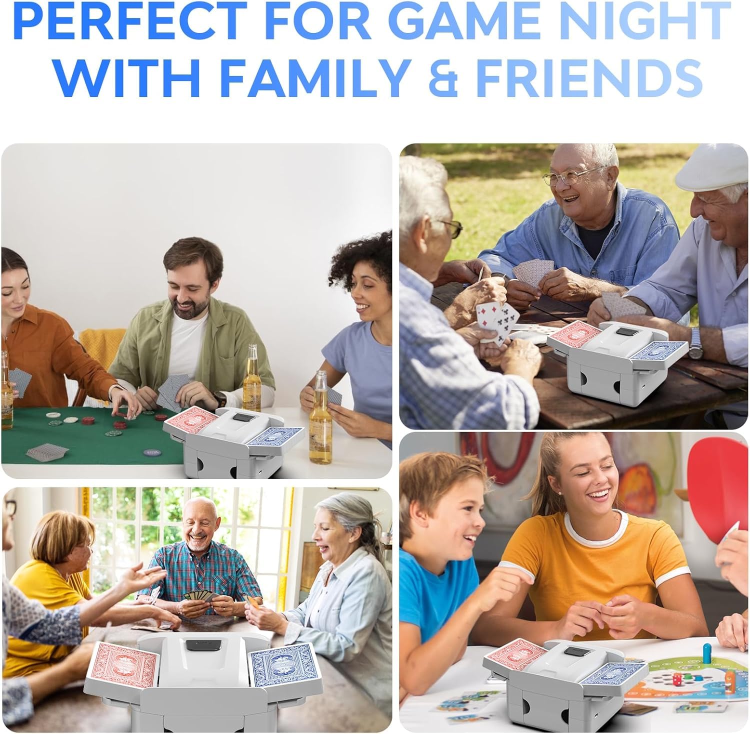 Kartenmischmaschine, Automatischer Kartenmischer für 1–2 Decks, Wiederaufladbarer Kartenmischer mit geräuscharmem Betrieb, USB-C-Akku für Texas Hold’em, Poker, UNO, Blackjack, Skip-Bo, Phase (A)