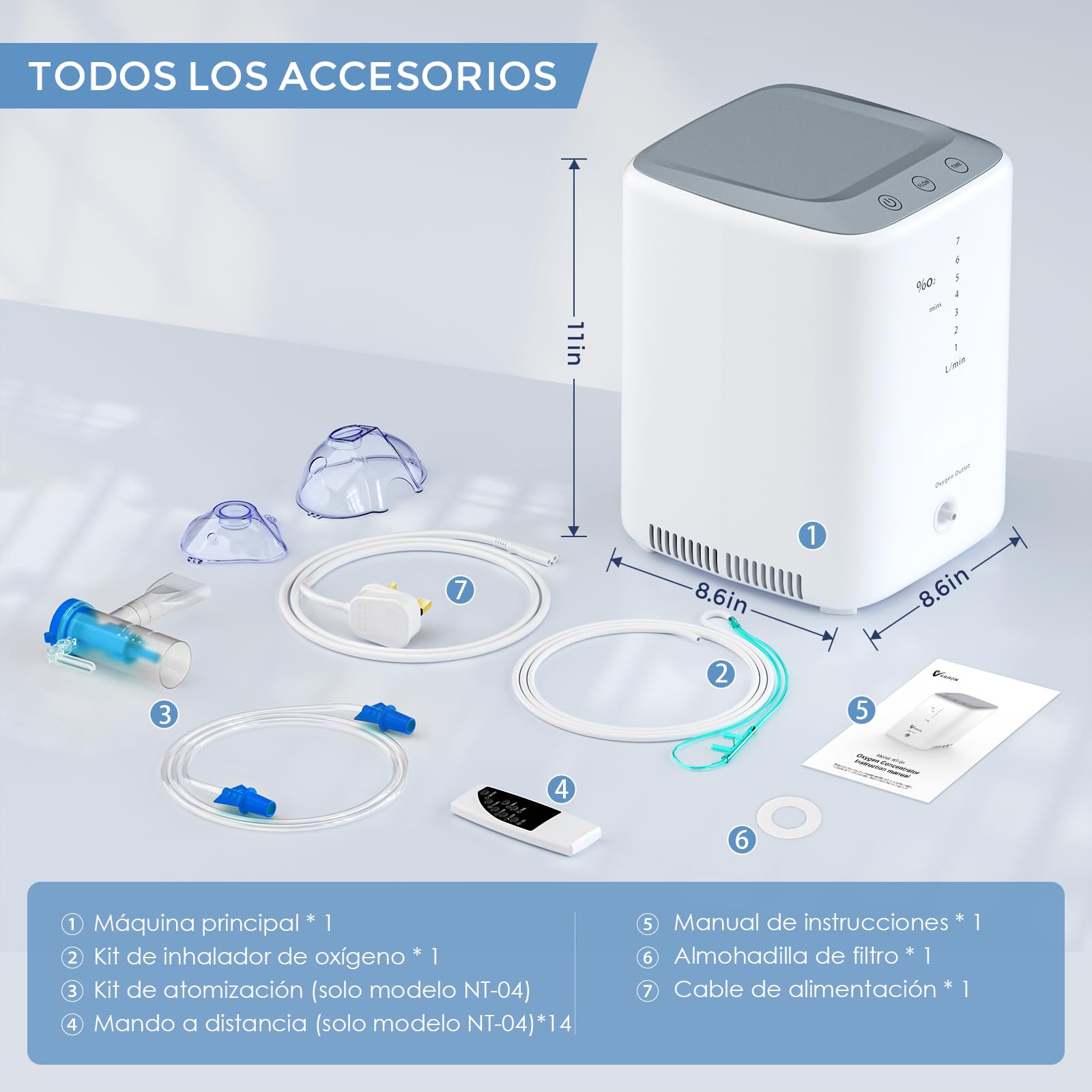 RINRI Concentrador de Oxígeno, 93%±3% Generador de Oxígeno de Alta Pureza, 1-7L/min Flujo Ajustable, Máquina de Oxígeno con Control Remoto, Humidificación Automática, Adecuado para Uso Doméstico