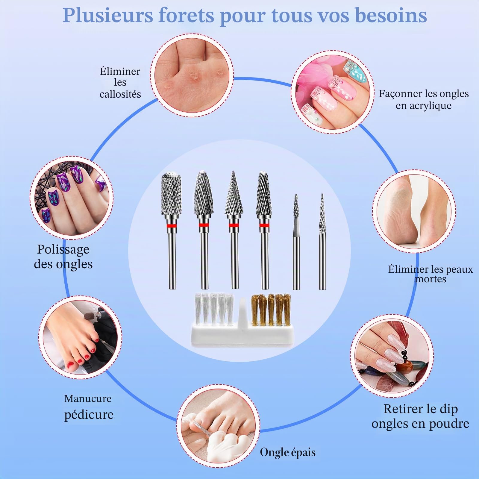 Embout Ponceuse Ongles, 6Pcs Forets à Ongles Tungstène, 1 Pinceau, Embout Depose Ponceuse Ongles Professionnel pour Manucure et Pédicure, Enlever le Gel et Les Cuticule (StilC)